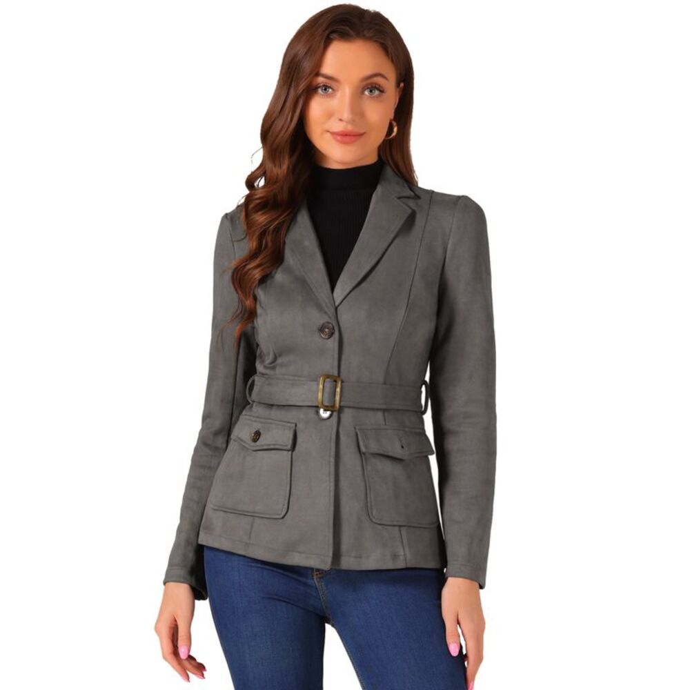 Faux Suede Blazer Belted Lapel Outwear Single Breasted Boho Jacket Dark Grey